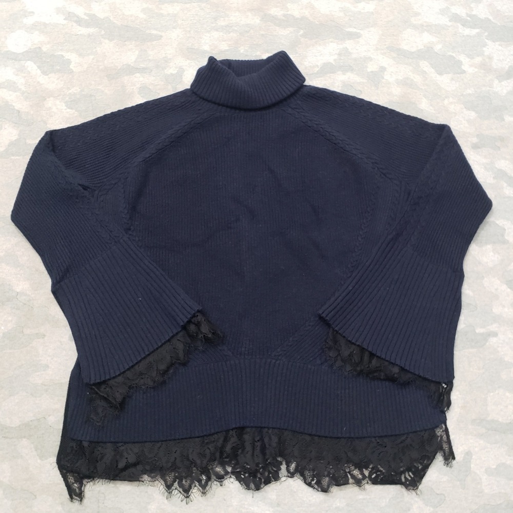 Banana Republic Sweater Womens Large Blue Lace Trim Turtleneck Wool Blend